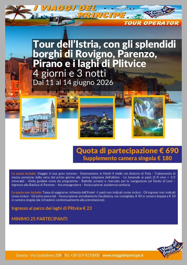 Tour dell'Istria, con gli splendidi borghi di Rovigo, Parenzo, Pirano e i laghi di Plitvice
