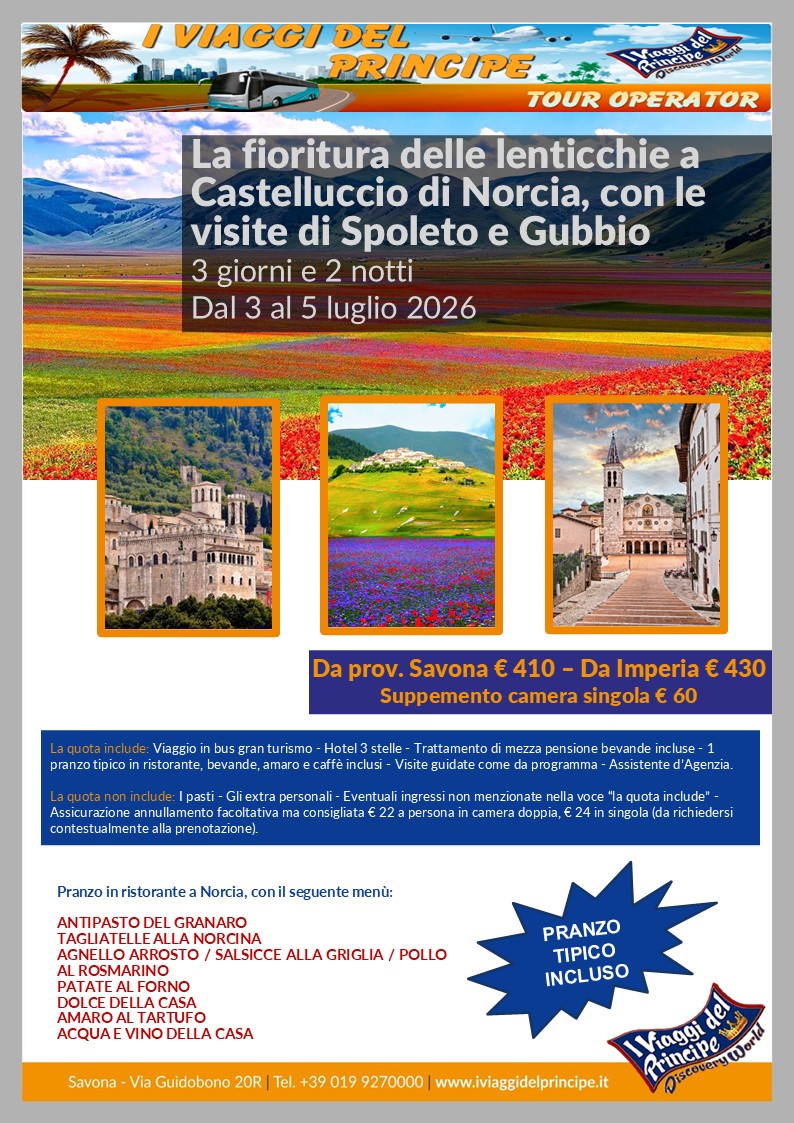 La fioritura delle lenticchie a Castelluccio di Norcia, con le visite di Spoleto e Gubbio